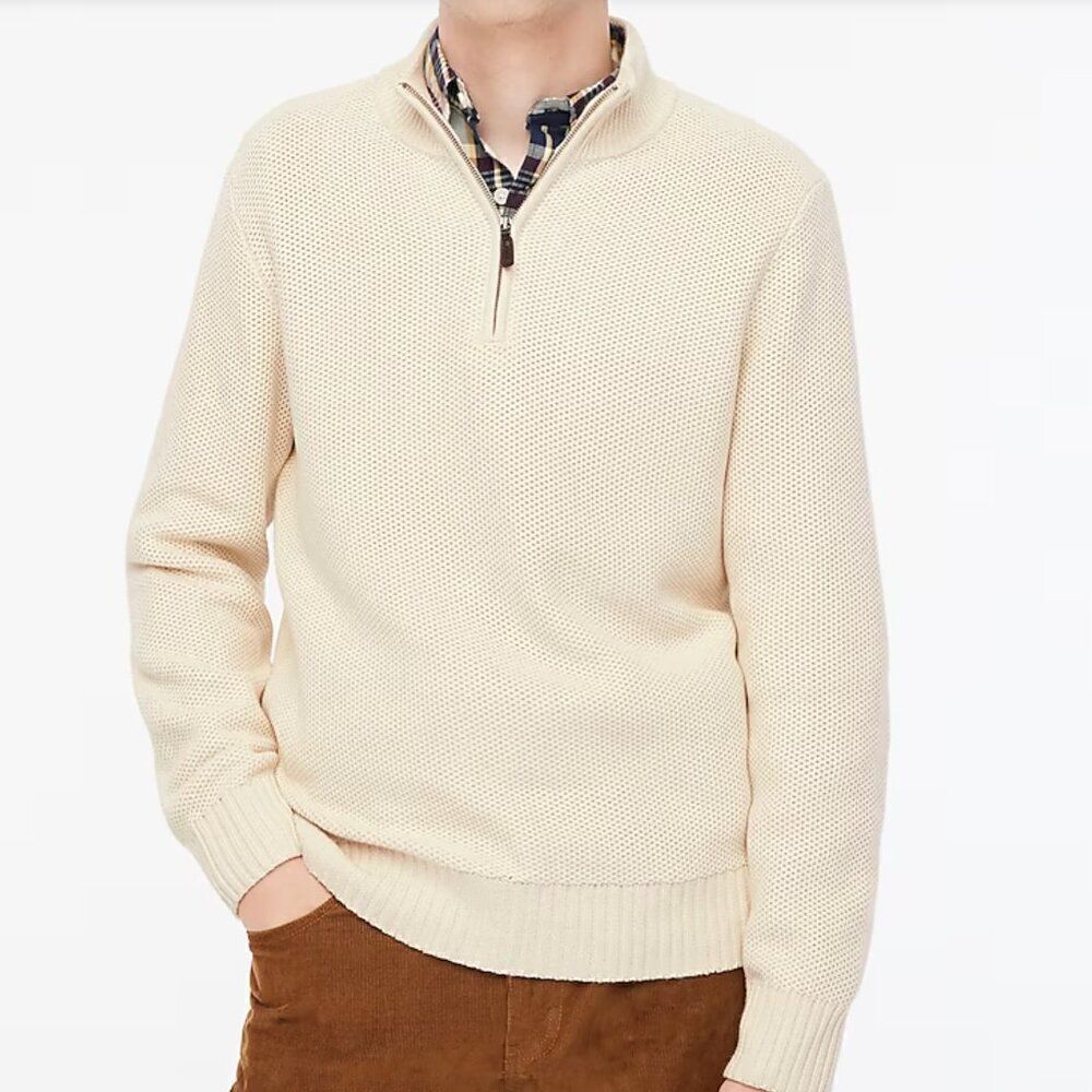 J. Crew Factory ca561 Cotton honeycomb knit half-zip in natural NWT size medium